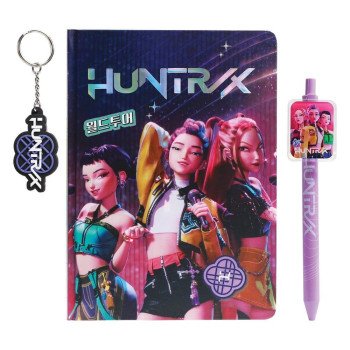 Conjunto de Papelaria KPop Demon Hunters HUNTR/X – Caderno, Caneta e Porta-Chaves