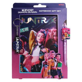 Conjunto de Papelaria KPop Demon Hunters HUNTR/X – Caderno, Caneta e Porta-Chaves