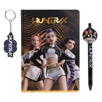 Conjunto de Papelaria KPop Demon Hunters HUNTR/X – Caderno, Caneta e Porta-Chaves
