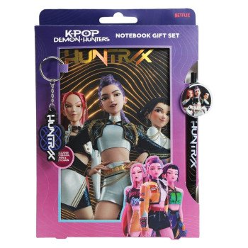 Conjunto de Papelaria KPop Demon Hunters HUNTR/X – Caderno, Caneta e Porta-Chaves